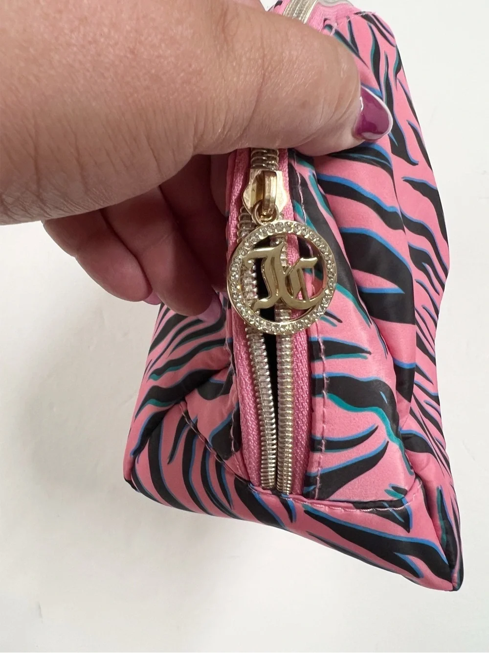 Juicy Couture Womens Puffy Pink Zebra Print Cosmetic Pouch Bag with Gold Logo